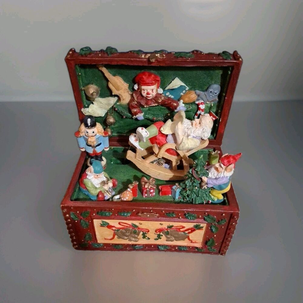 Vintage Santa w/Elves Animated Music Box Christmas Wind Up Decor Tested Works